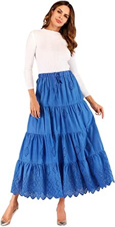 Love Welove Fashion Women's Summer Solid Cotton Embroidered Tiered Flare A-line Ankle Length with Lining Maxi Skirt - Amazon.jpg
