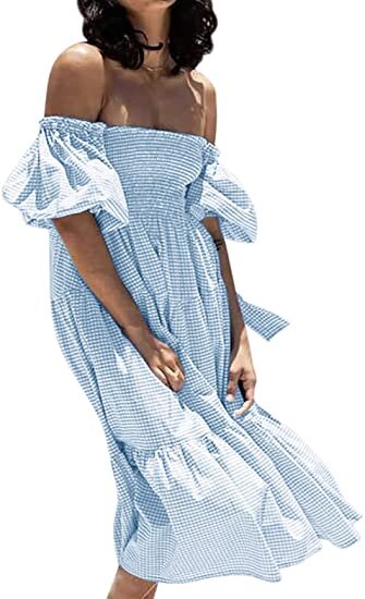 R.Vivimos Women's Summer Cotton Plaid Puff Sleeves Bow Casual Off-Shoulder Boho Midi Dress - Amazon.jpg