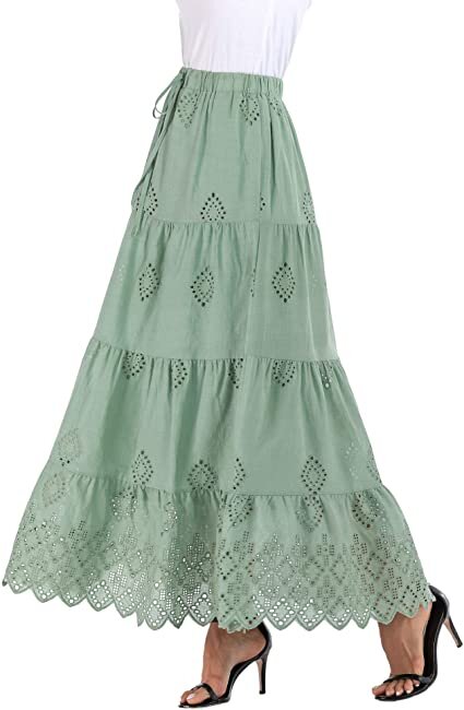 Roll over image to zoom in Brand- Love Welove Fashion Love Welove Fashion Women's Summer Solid Cotton Embroidered Tiered Flare A-line Ankle Length with Lining Maxi Skirt (green) - Amazon.jpg