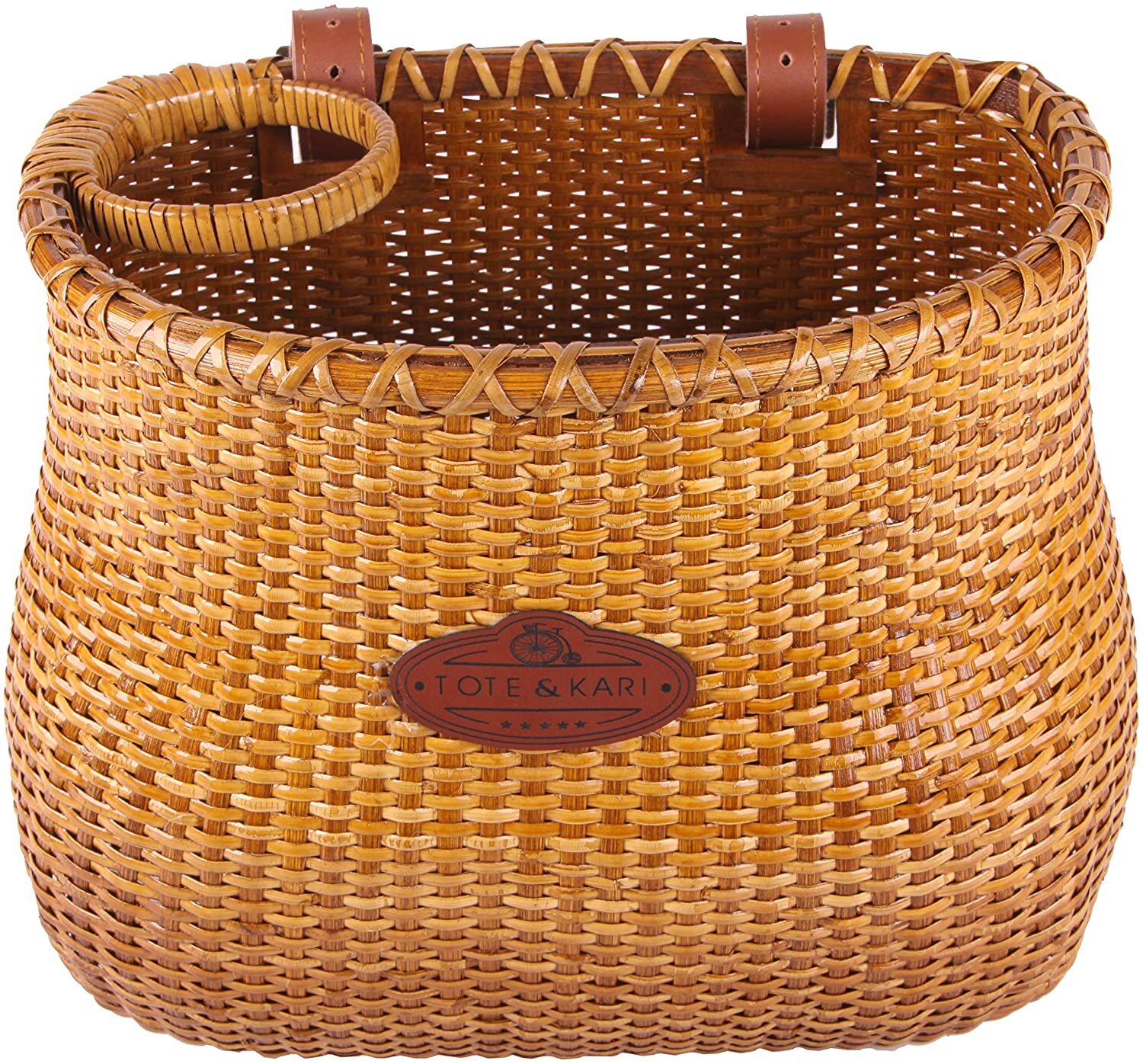 Tote & Kari Bicycle Basket Made for Front Handlebar of Adult Beach Cruiser Bike it has a Cup Holder -Classic Vintage Style Handmade Natural Woven Rattan Wicker - Amazon.jpg