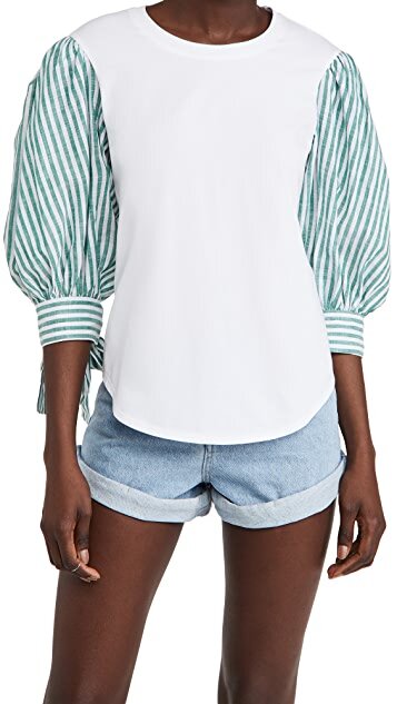 White top with green and white striped woven puff sleeves - Shopbop.jpg