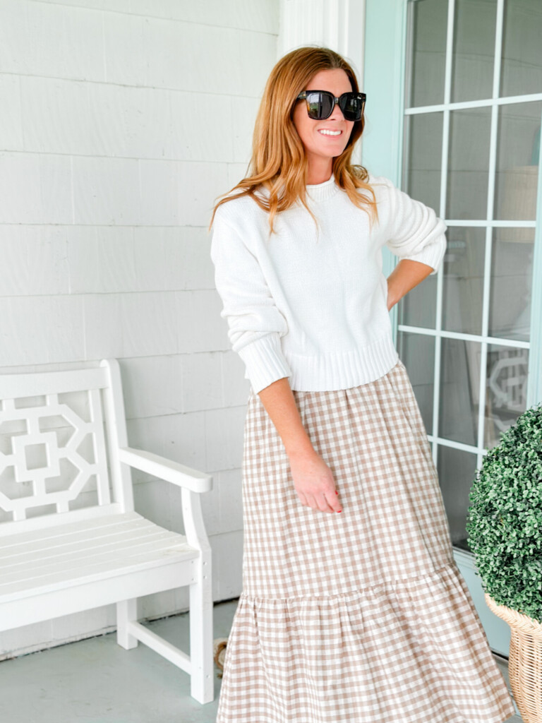 white sweater and gingham dress white sweater and gingham dress